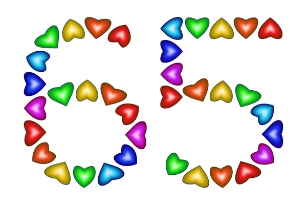 Número 65, sesenta y cinco corazones coloridos en blanco — Vector de stock