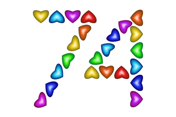 Número 74 setenta y cuatro de corazones coloridos en blanco — Vector de stock