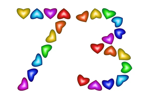 Nummer 73, zeventig drie, kleurrijke harten op wit — Stockvector