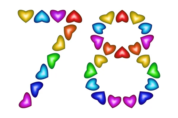 Número 78, setenta y ocho, corazones coloridos en blanco — Vector de stock