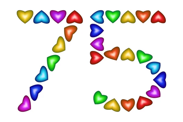 Número 75 setenta y cinco de corazones coloridos en blanco — Vector de stock