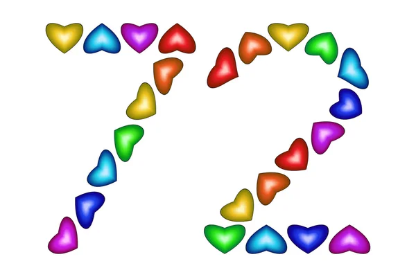 Number 72, seventy two of colorful hearts on white — Stock Vector