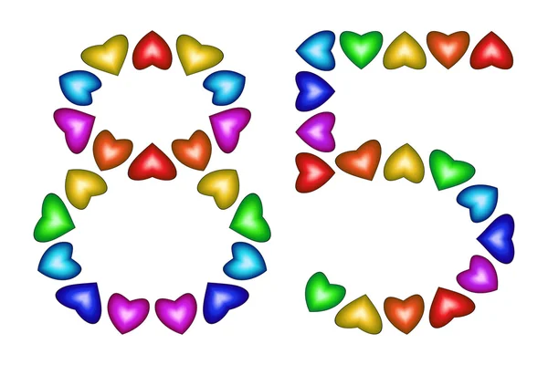 Número 85, ochenta y cinco corazones coloridos en blanco — Vector de stock