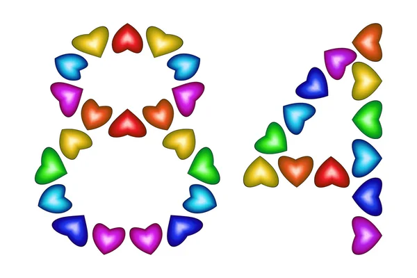 Número 84, ochenta y cuatro de corazones coloridos en blanco — Vector de stock