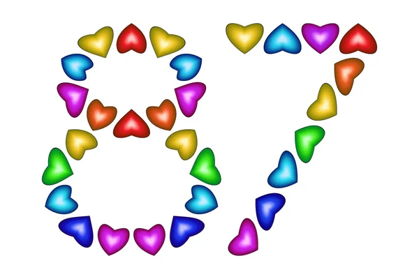 Número 87 ochenta y siete de corazones coloridos en blanco — Vector de stock