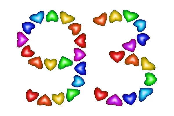 Číslo 93 devadesát tři barevné srdce na bílém — Stockový vektor