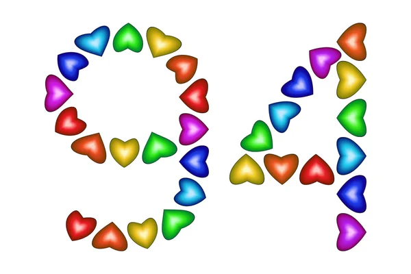Číslo 94, devadesát čtyři barevné srdce na bílém — Stockový vektor