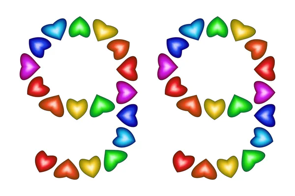 Číslo 99, devadesát devět barevných srdcí na bílém — Stockový vektor