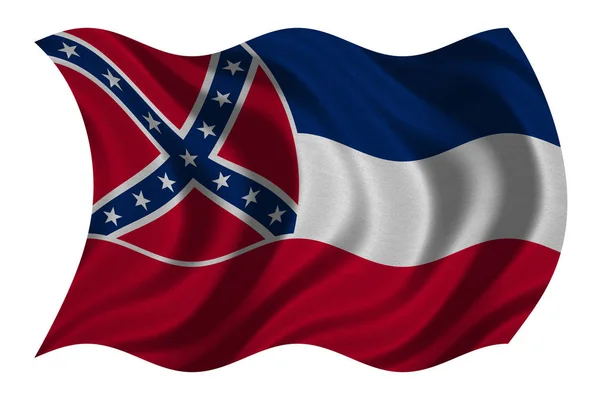 Flagge von mississippi wellig auf weiß, Stoffstruktur — Stockfoto