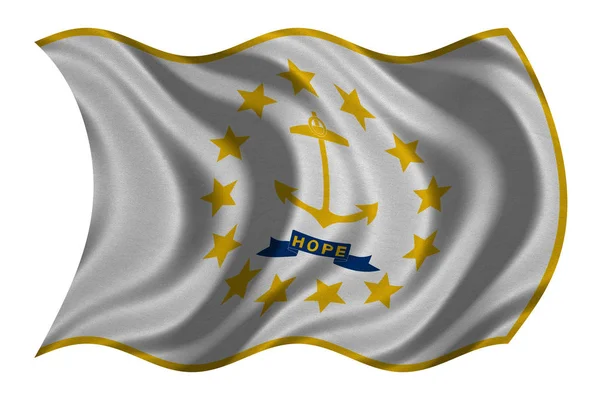 Bandera de Rhode Island ondulada sobre blanco, textura de la tela —  Fotos de Stock