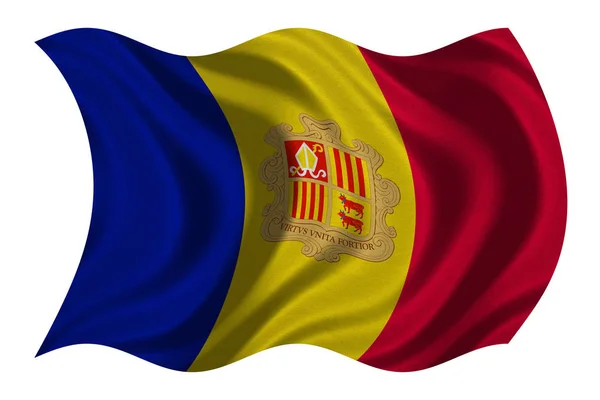 Bandera de Andorra ondulada sobre blanco, textura de tela — Foto de Stock