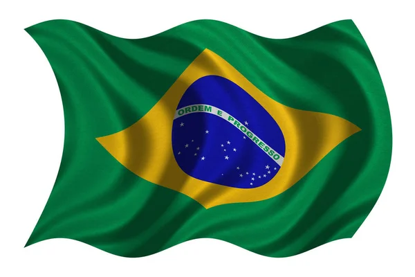 Flag of Brazil wavy on white, fabric texture — Stock Photo, Image
