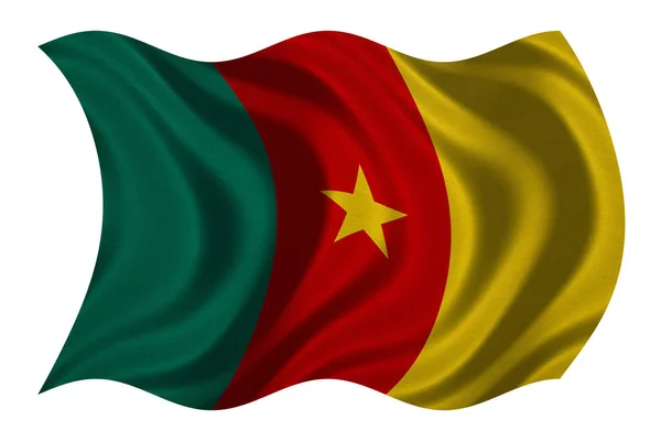 Flagge Kameruns wellig auf weiß, Stoffstruktur — Stockfoto