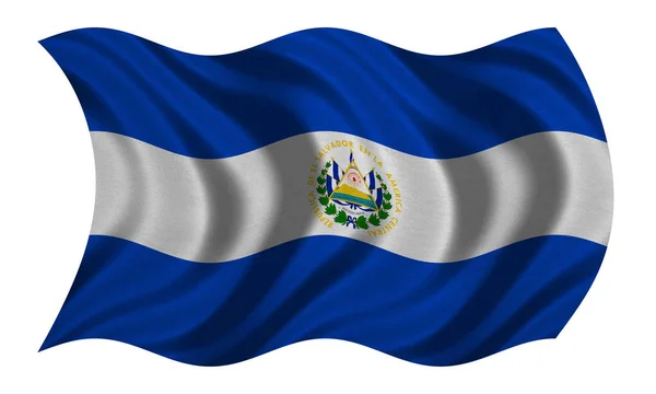 Vlajka El Salvador zvlněná na bílé, textilie textura — Stock fotografie