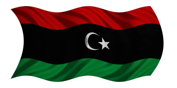 Vlag van Libië golvende op wit, textuur van de stof — Stockfoto