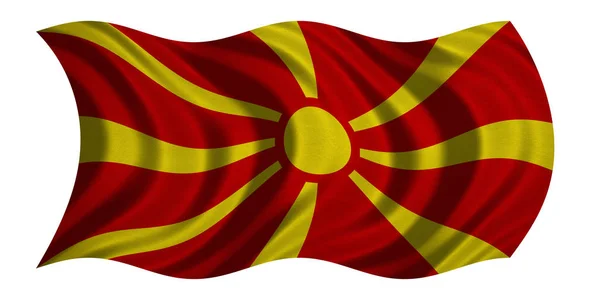 Vlajka Makedonie zvlněná na bílé, textilie textura — Stock fotografie