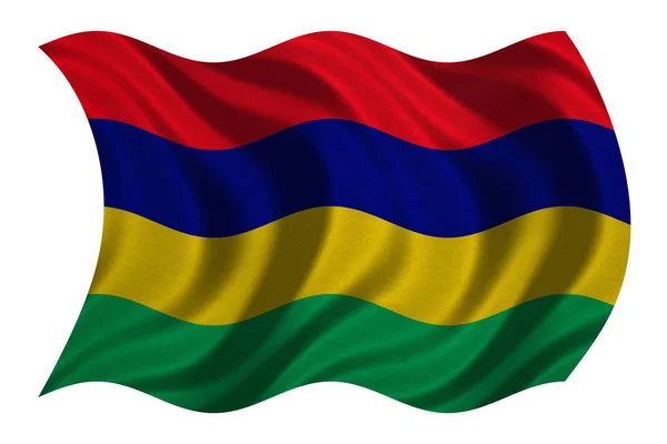 Vlajka Mauricia zvlněná na bílé, textilie textura — Stock fotografie