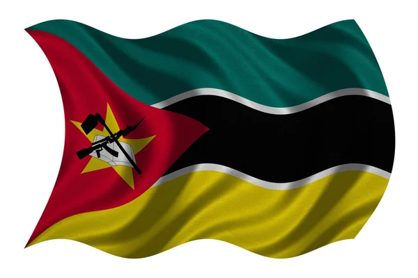 Flag of Mozambique wavy on white, fabric texture — Stock Photo, Image