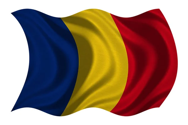 Vlajka Rumunska zvlněná na bílé, textilie textura — Stock fotografie