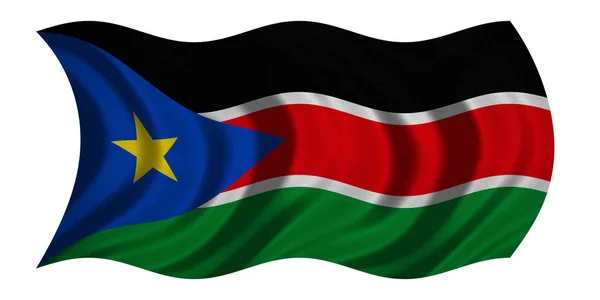 Vlag van Zuid-Soedan golvende op wit, textuur van de stof — Stockfoto