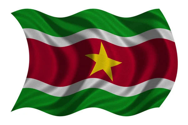 Flagge aus Surinam wellig auf weißem Stoff — Stockfoto