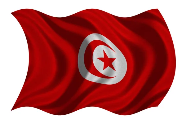 Flagge der Tunisie wellig auf weiß, Stoffstruktur — Stockfoto