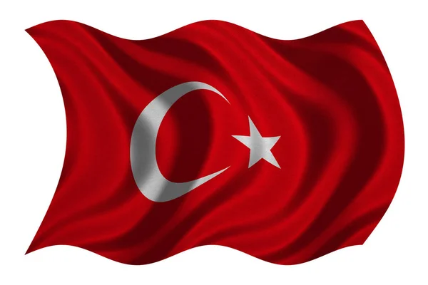 Flag of Turkey wavy on white, fabric texture — Stock Photo, Image