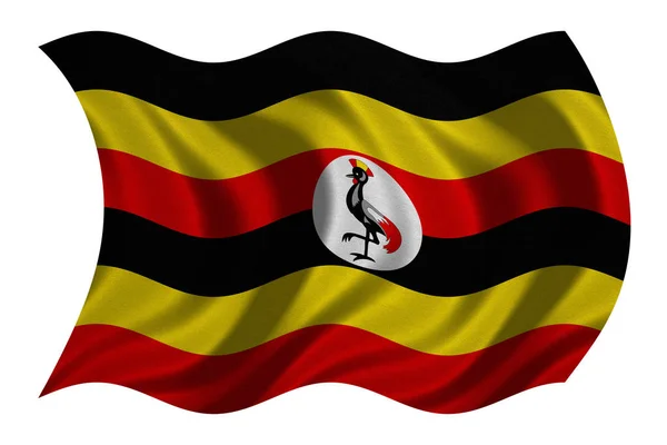 Vlajka Ugandy zvlněná na bílé, textilie textura — Stock fotografie