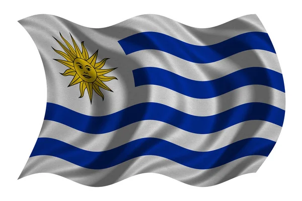 Σημαία της Ουρουγουάης κυματιστές στην λευκή, υφή υφάσματος — Φωτογραφία Αρχείου