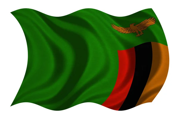 Bandera de Zambia ondulada sobre blanco, textura de tela real — Foto de Stock