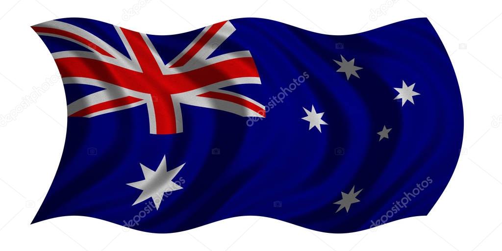 Flag of Australia wavy on white, fabric texture