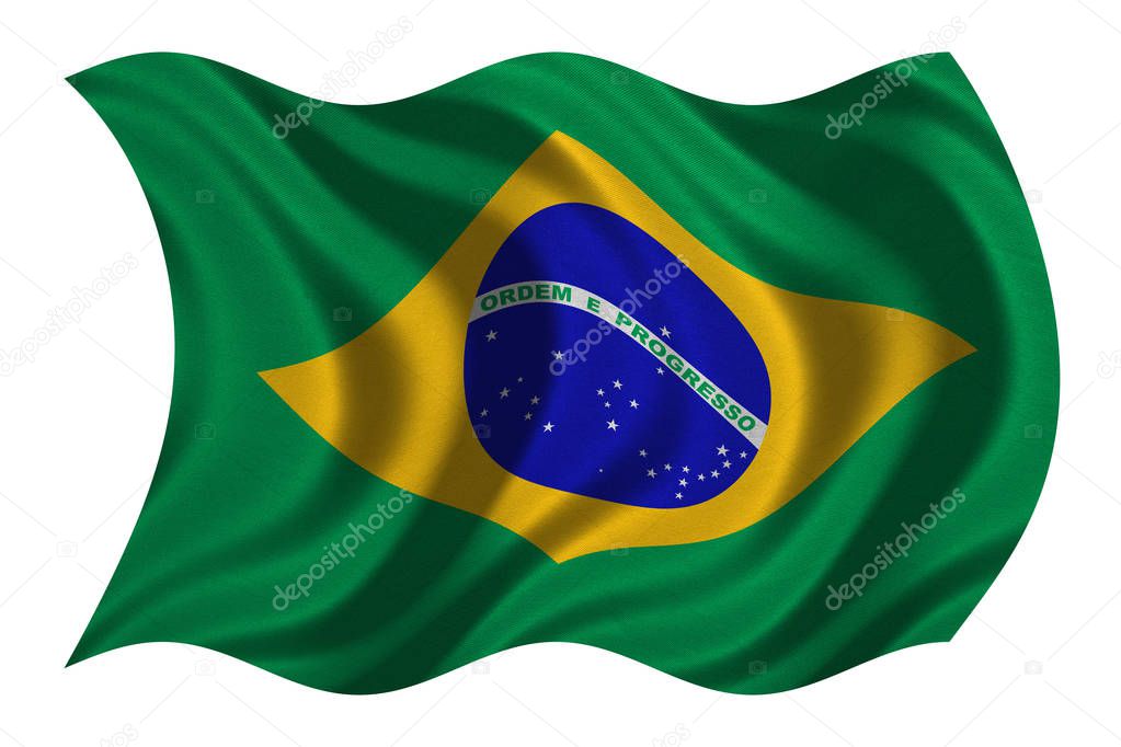 Flag of Brazil wavy on white, fabric texture