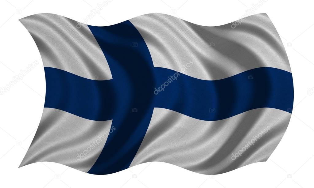 Flag of Finland wavy on white, fabric texture