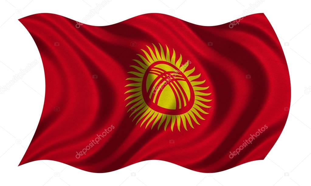 Flag of Kyrgyzstan wavy on white, fabric texture