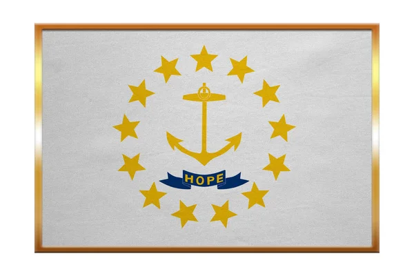 Flag of Rhode Island, golden frame, fabric texture — Stock Photo, Image