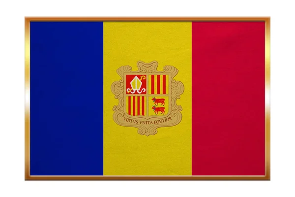 Flag of Andorra , golden frame, fabric texture — Stock Photo, Image