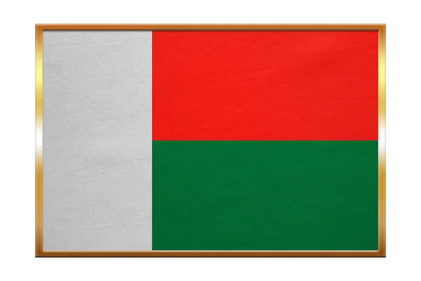 Vlajka Madagaskaru, zlatý rám, textilie textura — Stock fotografie