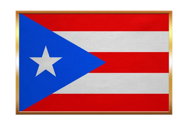 Vlajka Portorika, zlatý rám, textilie textura — Stock fotografie