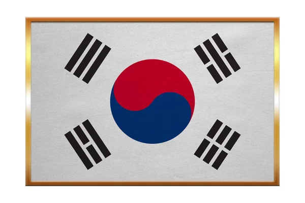 Flaga Korei Południowej, złotej ramie, tekstura tkanina — Zdjęcie stockowe