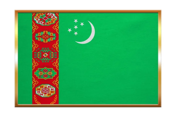 Vlajka Turkmenistánu, zlatý rám, textilie textura — Stock fotografie