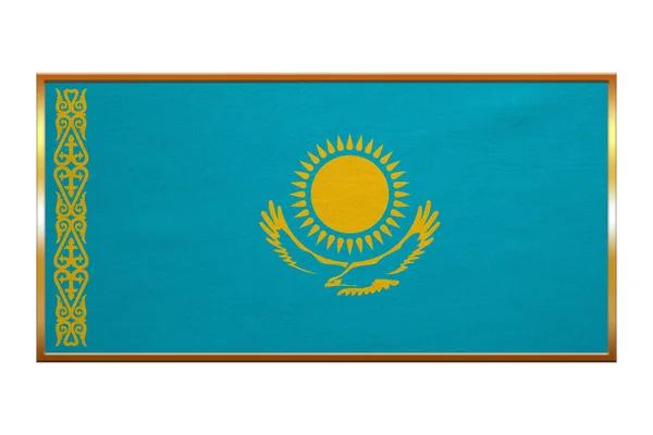 Fahne von Kasachstan, goldener Rahmen, Stoffstruktur — Stockfoto