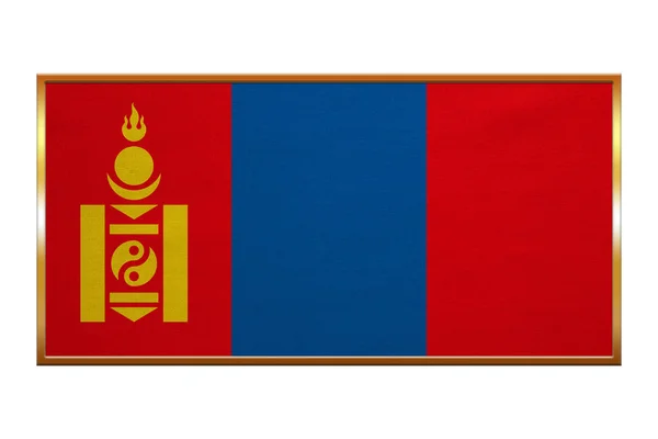 Flagge der Mongolei, goldener Rahmen, Stoffstruktur — Stockfoto