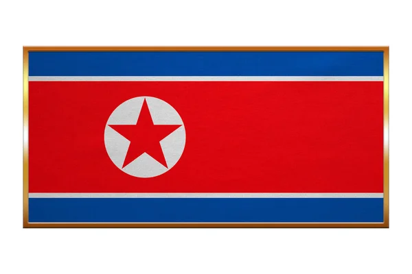 Flagge Nordkoreas, goldener Rahmen, Stoffstruktur — Stockfoto