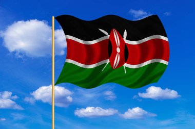 Kenya mavi gökyüzü arka plan üzerinde sallayarak bayrak