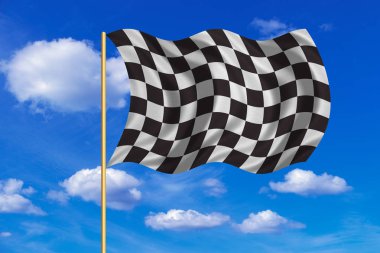 Damalı bayrak dalgalı mavi gökyüzü arka plan üzerinde yarış