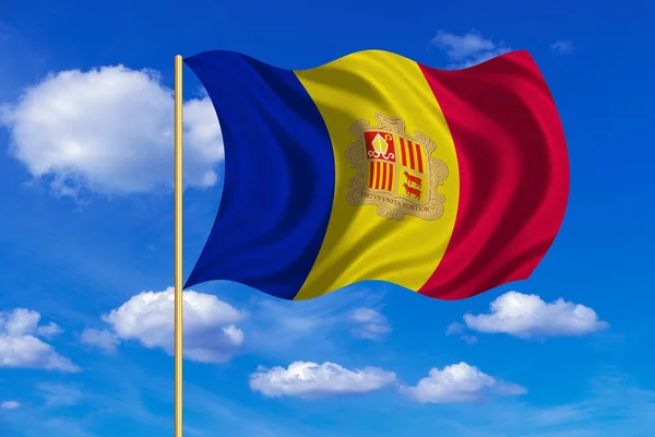 Flag of Andorra waving on blue sky background — Stock Photo, Image