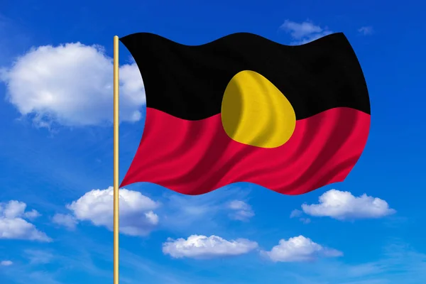 Bandera aborigen australiana en asta de bandera ondeando — Foto de Stock