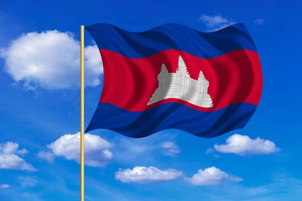 Bandera de Camboya ondeando sobre fondo azul del cielo — Foto de Stock