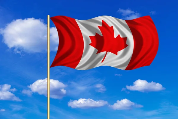 Kanada bayrağı mavi gökyüzü arka planında dalgalanıyor — Stok fotoğraf