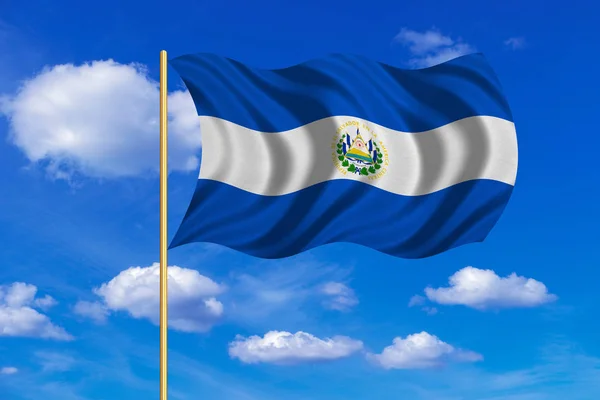 Bandeira de El Salvador acenando no fundo do céu azul — Fotografia de Stock